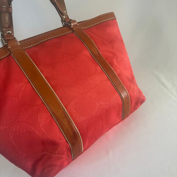 Coach Coral Signature Gallery Tote Bag Red Canvas Leather Monogram Handbag - Picture 9 of 15